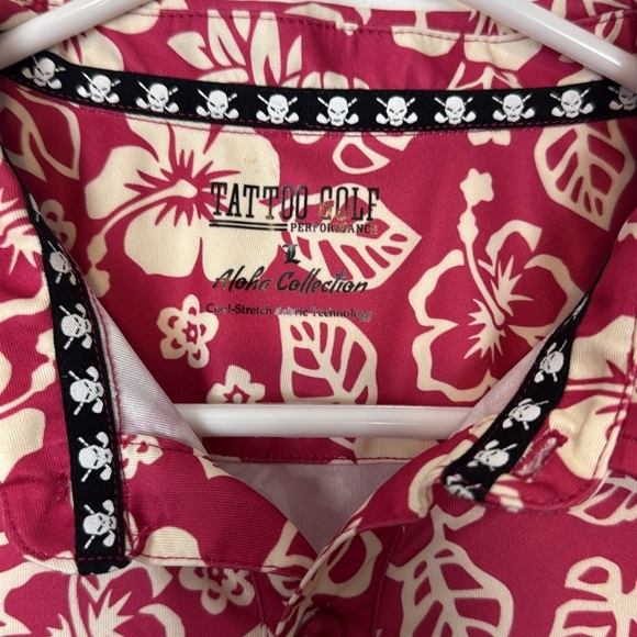 Tattoo Golf Aloha Series Pink/Off White Hibiscus Print Golf Shirt. Size Large. - Picture 2 of 11